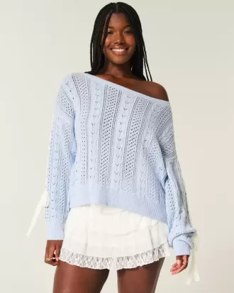 Pulover din tricot cablu cu mâneci cu fundă