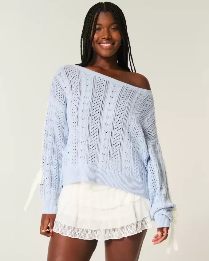 Pulover din tricot cablu cu mâneci cu fundă Pulover din tricot cablu cu mâneci cu fundă