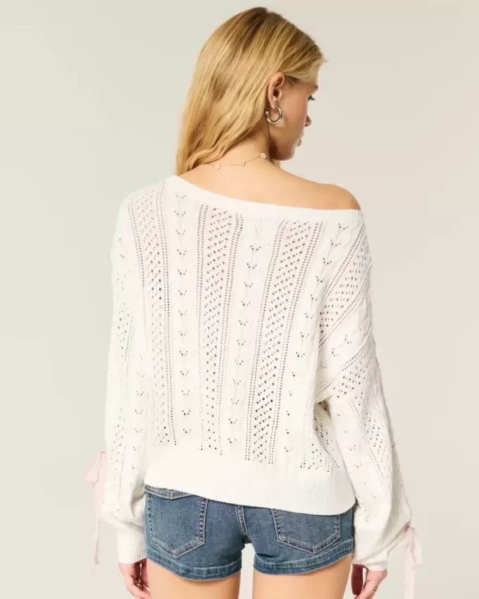 Pulover din tricot cablu cu mâneci cu fundă Pulover din tricot cablu cu mâneci cu fundă