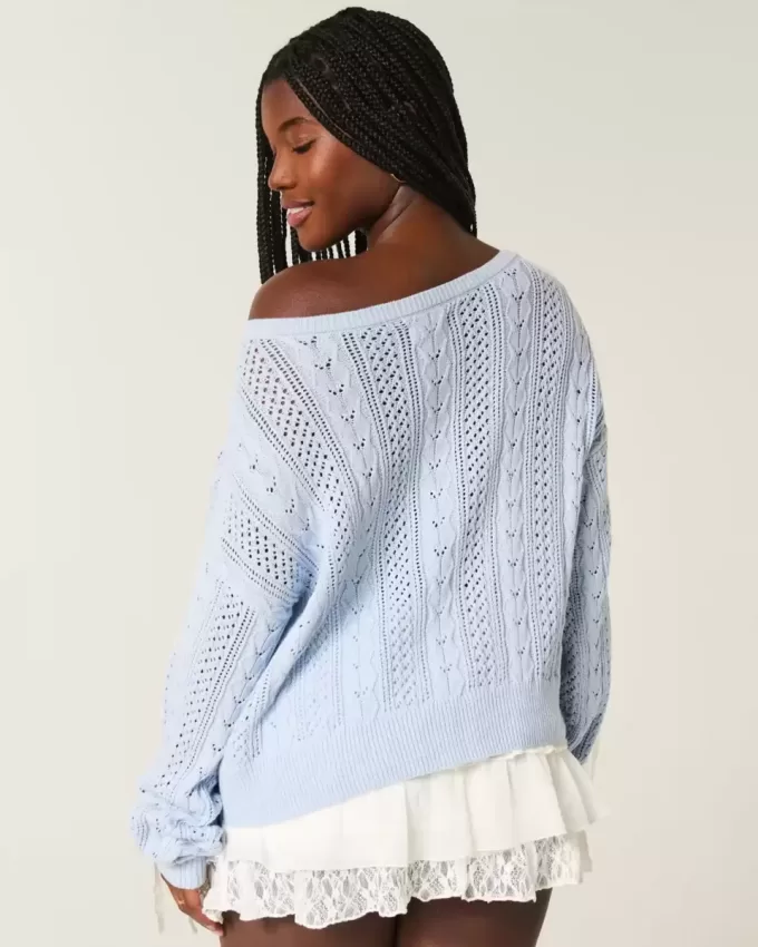 Pulover din tricot cablu cu mâneci cu fundă Pulover din tricot cablu cu mâneci cu fundă