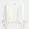 Pulover din tricot cablu cu mâneci cu fundă Pulover din tricot cablu cu mâneci cu fundă