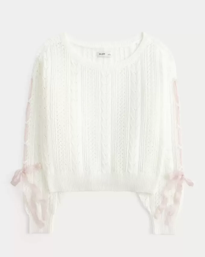 Pulover din tricot cablu cu mâneci cu fundă Pulover din tricot cablu cu mâneci cu fundă