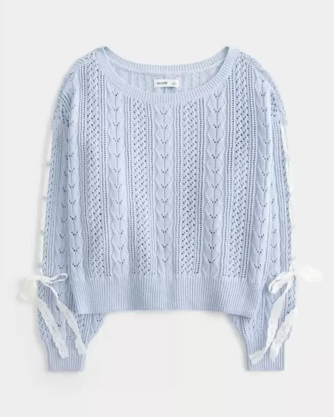 Pulover din tricot cablu cu mâneci cu fundă Pulover din tricot cablu cu mâneci cu fundă