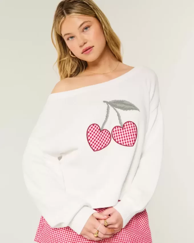 Pulover fără umăr cu grafic Easy Heart