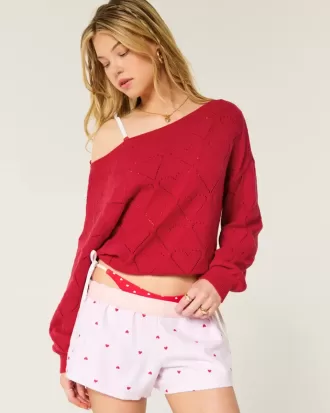 Pulover fără umăr cu model de inimă ușor