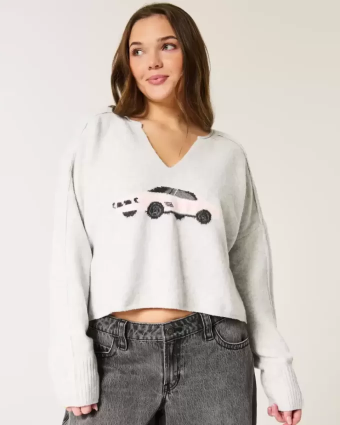 Pulover Hollister Comfy Cloud Graphic cu decolteu crestat