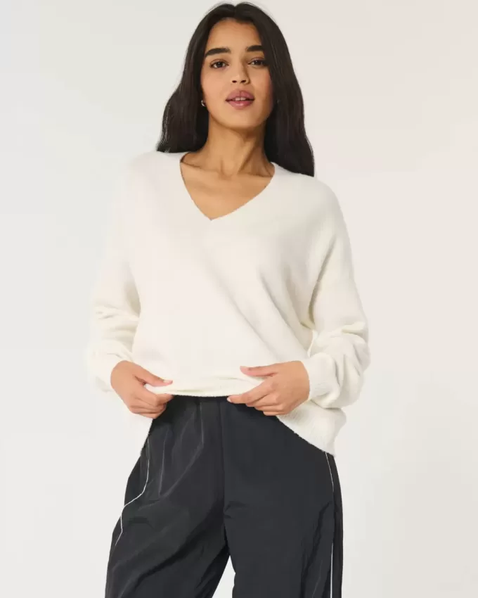 Pulover supradimensionat cu decolteu în V Hollister Comfy Cloud Pulover supradimensionat cu decolteu în V Hollister Comfy Cloud