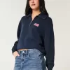 Pulover supradimensionat, cu jumătate de fermoar, cu grafic steagul american