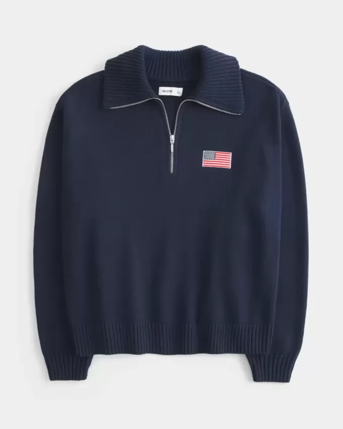 Pulover supradimensionat, cu jumătate de fermoar, cu grafic steagul american