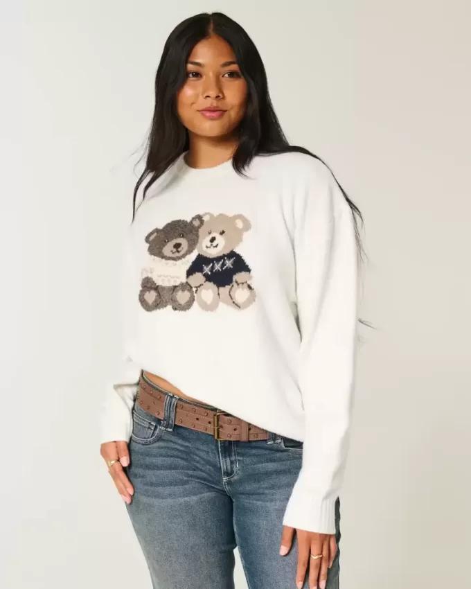 Pulover supradimensionat Teddy Bear Graphic Crew Pulover supradimensionat Teddy Bear Graphic Crew