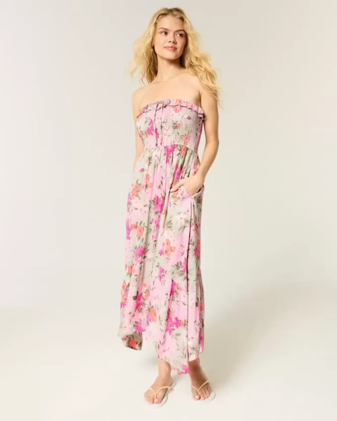 Rochie maxi cu smock fără bretele Rochie maxi cu smock fără bretele