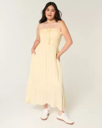 Rochie maxi cu smock fără bretele