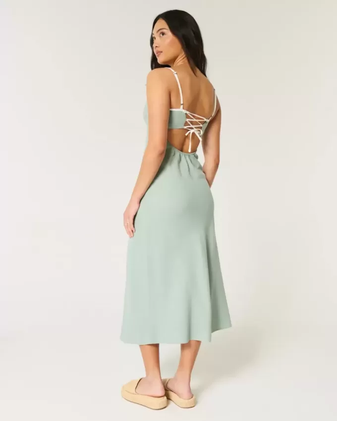 Rochie midi cu alunecare cu spatele deschis din amestec de in Rochie midi cu alunecare cu spatele deschis din amestec de in