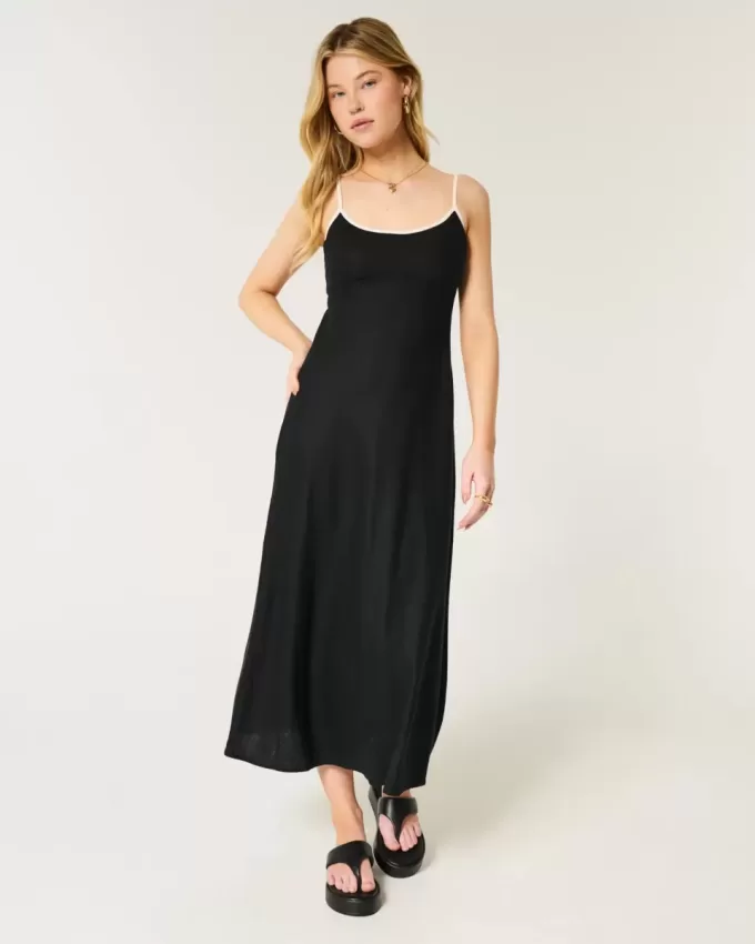 Rochie midi cu alunecare cu spatele deschis din amestec de in Rochie midi cu alunecare cu spatele deschis din amestec de in