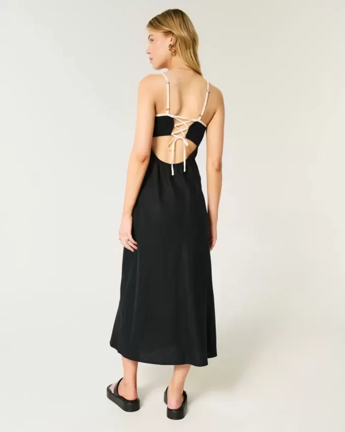 Rochie midi cu alunecare cu spatele deschis din amestec de in Rochie midi cu alunecare cu spatele deschis din amestec de in