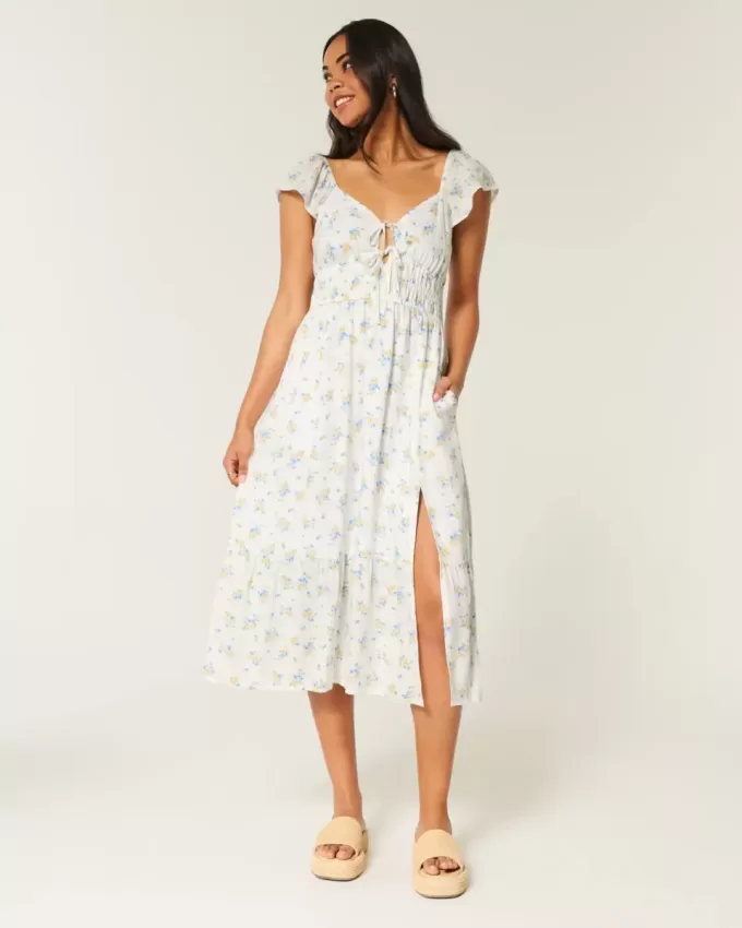Rochie midi cu mâneci fluturate cu cravată dublă Rochie midi cu mâneci fluturate cu cravată dublă