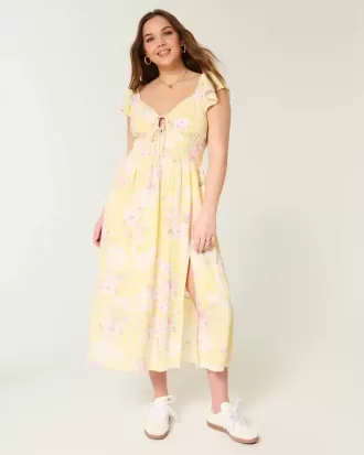 Rochie midi cu mâneci fluturate cu cravată dublă