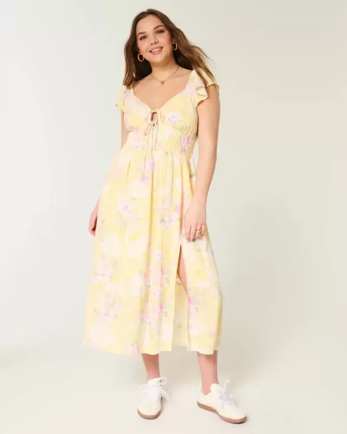 Rochie midi cu mâneci fluturate cu cravată dublă Rochie midi cu mâneci fluturate cu cravată dublă