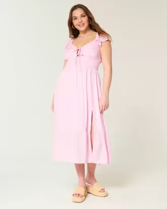 Rochie midi cu mâneci fluturate cu cravată dublă