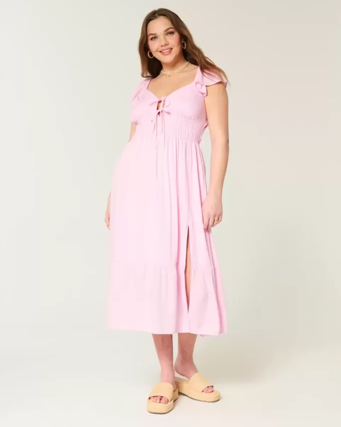 Rochie midi cu mâneci fluturate cu cravată dublă Rochie midi cu mâneci fluturate cu cravată dublă
