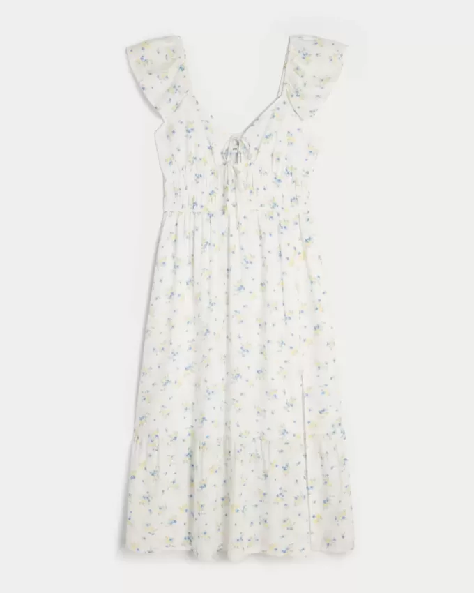 Rochie midi cu mâneci fluturate cu cravată dublă Rochie midi cu mâneci fluturate cu cravată dublă