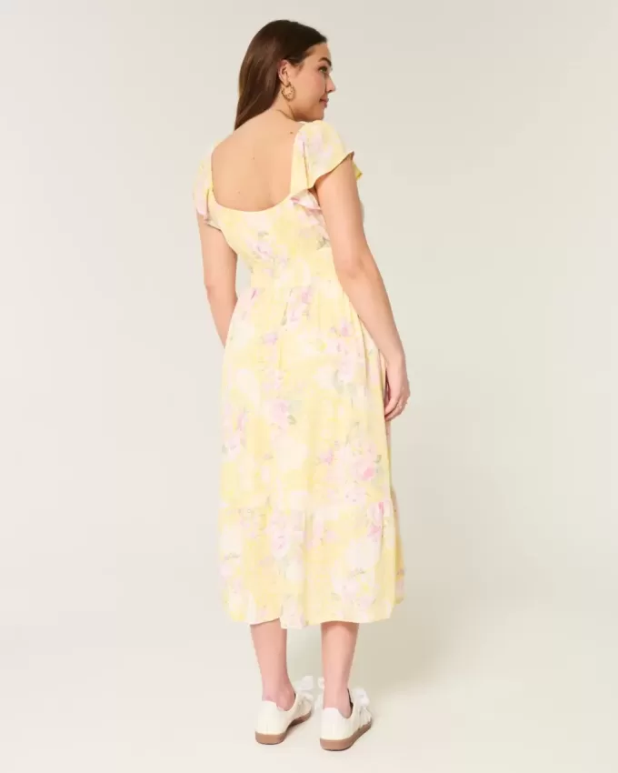Rochie midi cu mâneci fluturate cu cravată dublă Rochie midi cu mâneci fluturate cu cravată dublă