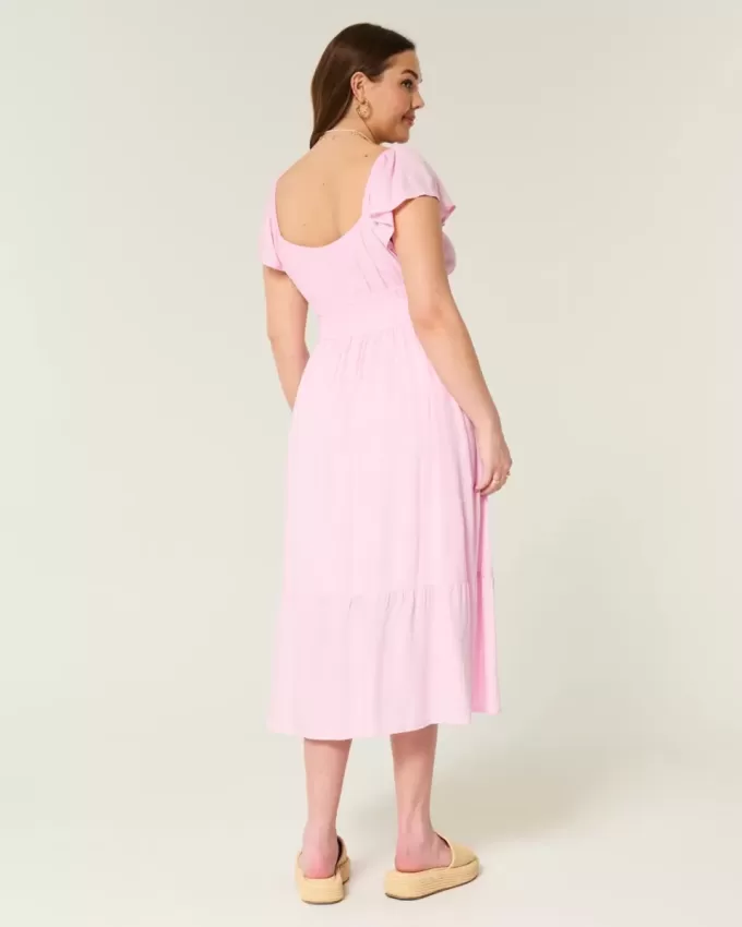 Rochie midi cu mâneci fluturate cu cravată dublă Rochie midi cu mâneci fluturate cu cravată dublă