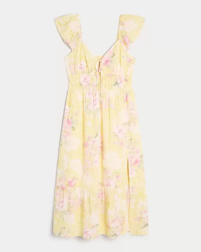 Rochie midi cu mâneci fluturate cu cravată dublă Rochie midi cu mâneci fluturate cu cravată dublă