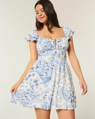 Rochie mini cu mâneci fluturate, talie în V