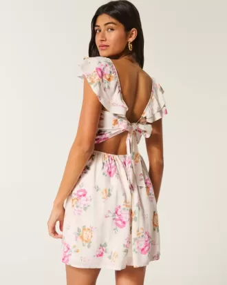 Rochie mini cu mâneci fluturate, talie în V