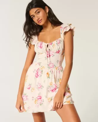 Rochie mini cu mâneci fluturate, talie în V