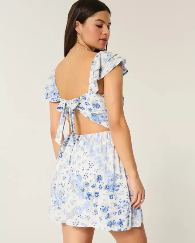 Rochie mini cu mâneci fluturate, talie în V Rochie mini cu mâneci fluturate, talie în V