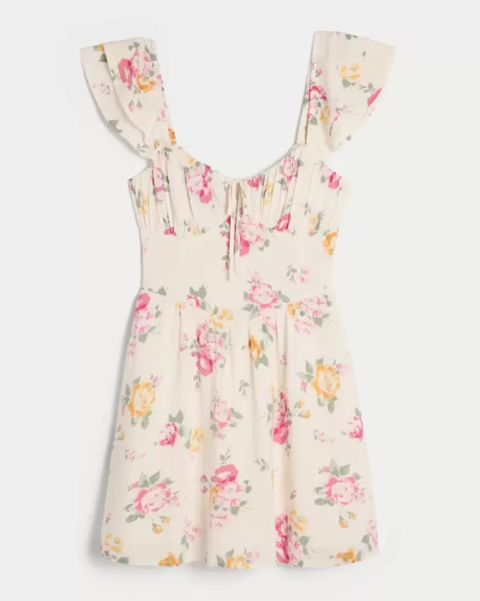 Rochie mini cu mâneci fluturate, talie în V Rochie mini cu mâneci fluturate, talie în V
