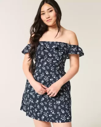 Rochie mini cu volan în linie A fără umăr