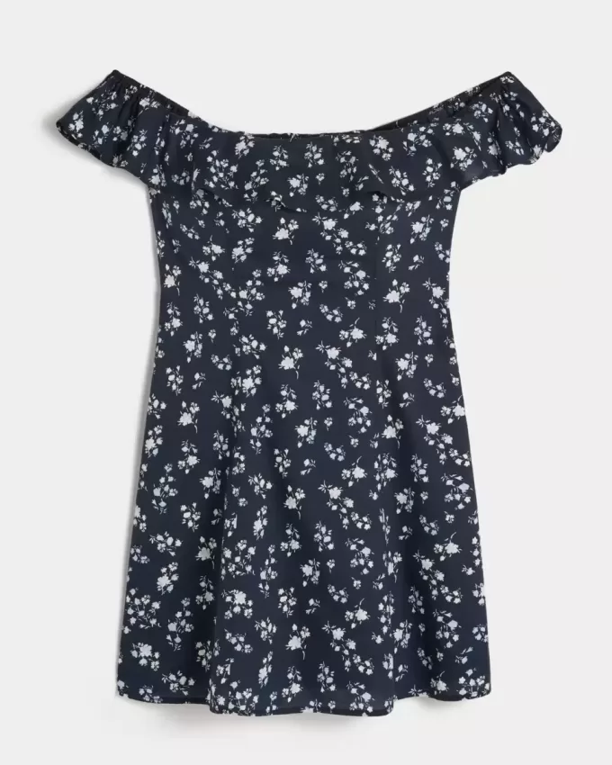 Rochie mini cu volan în linie A fără umăr Rochie mini cu volan în linie A fără umăr