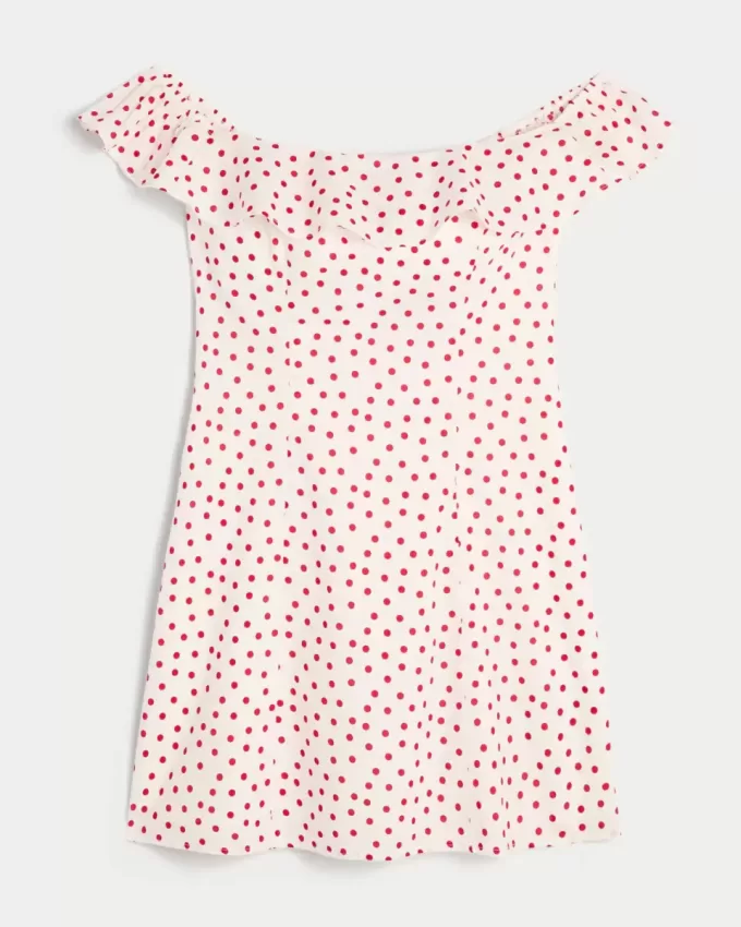 Rochie mini cu volan în linie A fără umăr Rochie mini cu volan în linie A fără umăr
