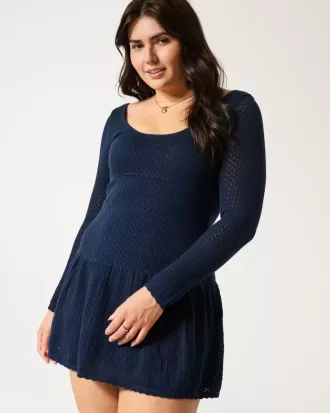 Rochie mini skater cu mânecă lungă, cu talie scăzută, în stil croșetat