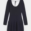 Rochie mini skater cu mânecă lungă, cu talie scăzută, în stil croșetat Rochie mini skater cu mânecă lungă, cu talie scăzută, în stil croșetat