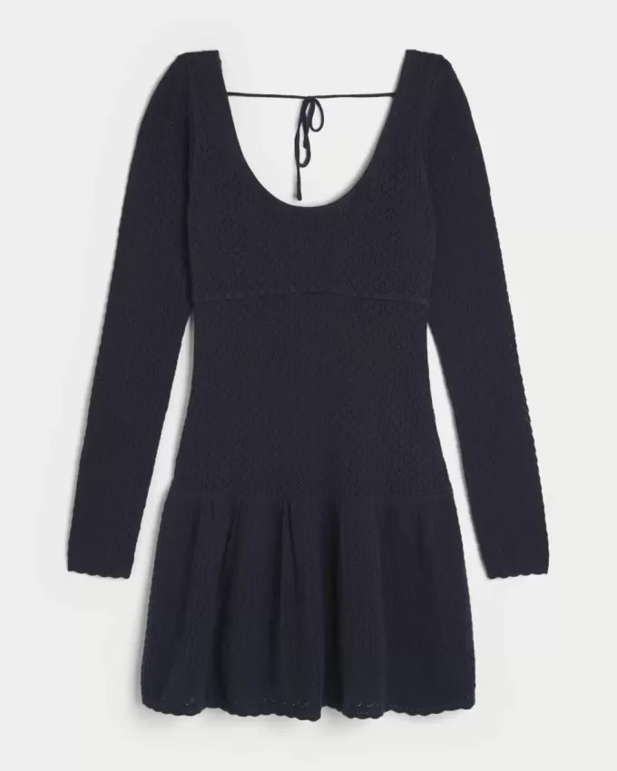 Rochie mini skater cu mânecă lungă, cu talie scăzută, în stil croșetat Rochie mini skater cu mânecă lungă, cu talie scăzută, în stil croșetat