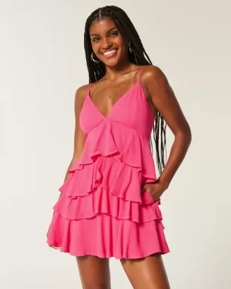 Rochie mini tip babydoll cu decolteu în V cu volane
