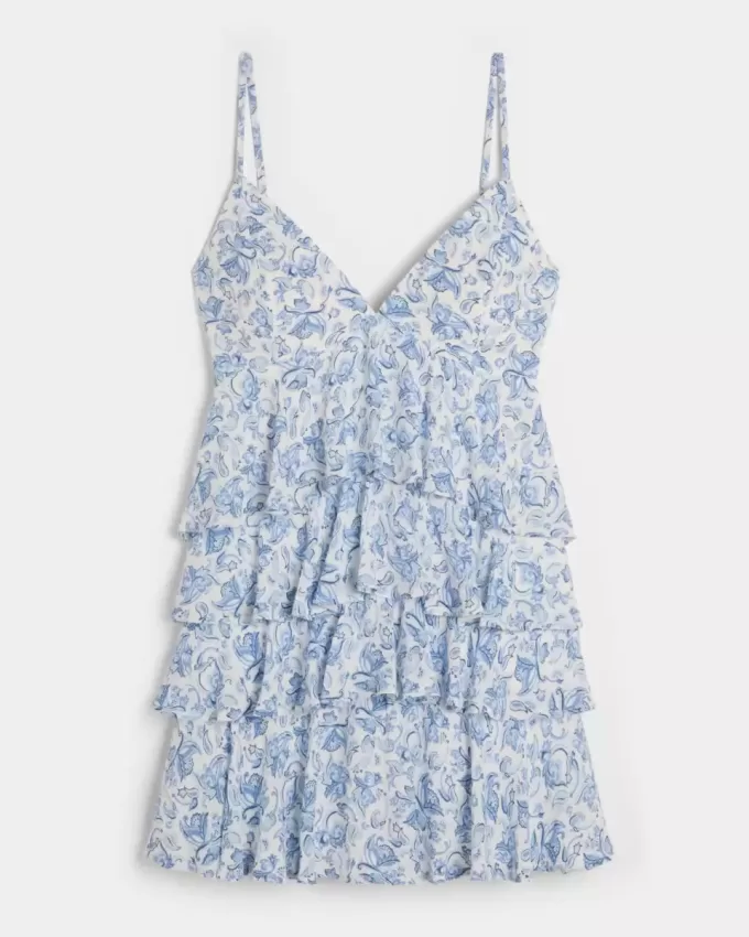 Rochie mini tip babydoll cu decolteu în V cu volane Rochie mini tip babydoll cu decolteu în V cu volane