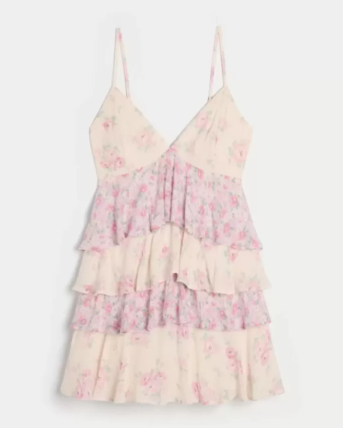 Rochie mini tip babydoll cu decolteu în V cu volane Rochie mini tip babydoll cu decolteu în V cu volane