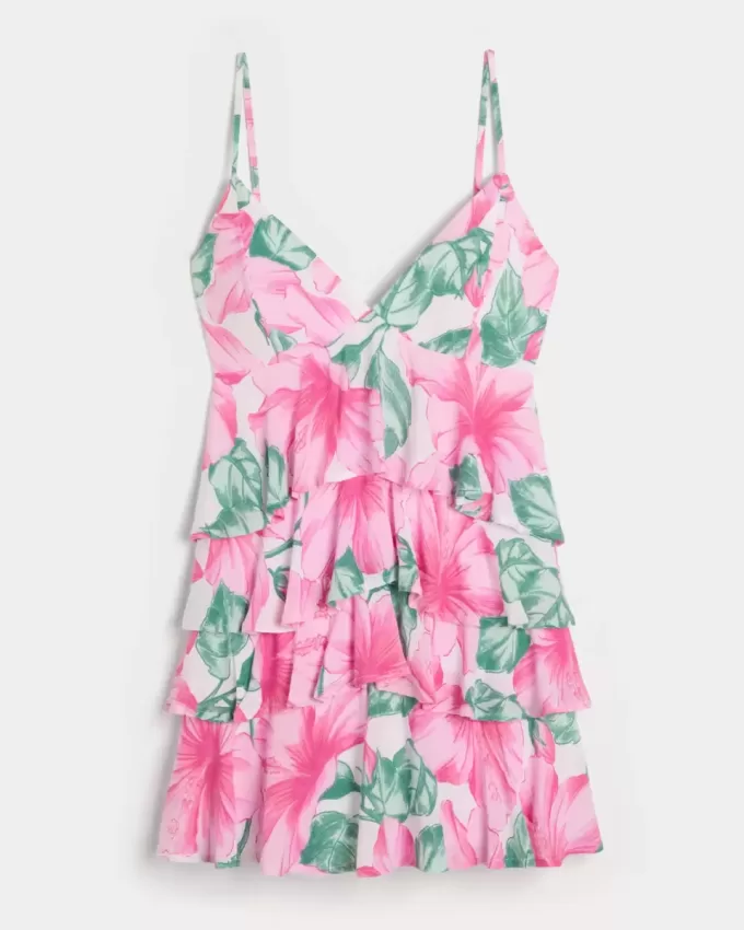 Rochie mini tip babydoll cu decolteu în V cu volane Rochie mini tip babydoll cu decolteu în V cu volane