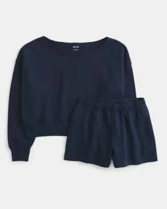 Set hanorac și pantaloni scurți din lână ușor fără umăr