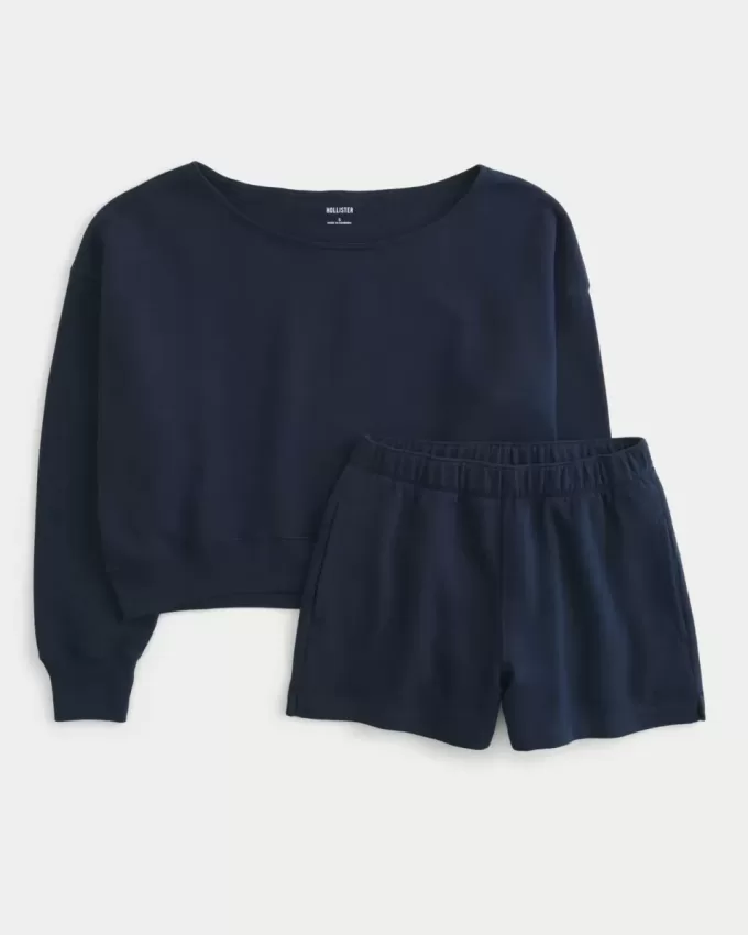 Set hanorac și pantaloni scurți din lână ușor fără umăr