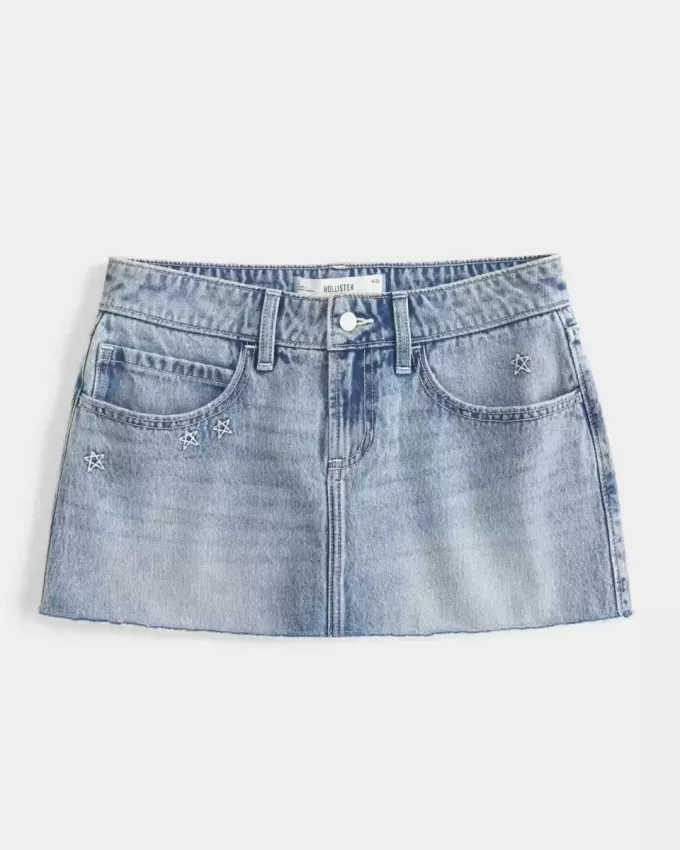 Short mini din denim brodat cu stea cu talie joasa Short mini din denim brodat cu stea cu talie joasa