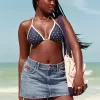 Short mini din denim brodat cu talie joasă, cu spalare medie Short mini din denim brodat cu talie joasă, cu spalare medie