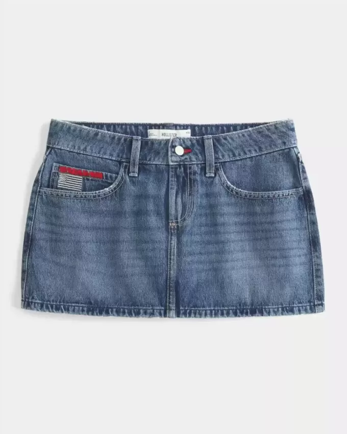 Short mini din denim brodat cu talie joasă, cu spalare medie Short mini din denim brodat cu talie joasă, cu spalare medie
