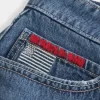 Short mini din denim brodat cu talie joasă, cu spalare medie Short mini din denim brodat cu talie joasă, cu spalare medie