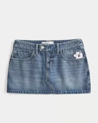 Short mini din denim brodat cu talie joasa